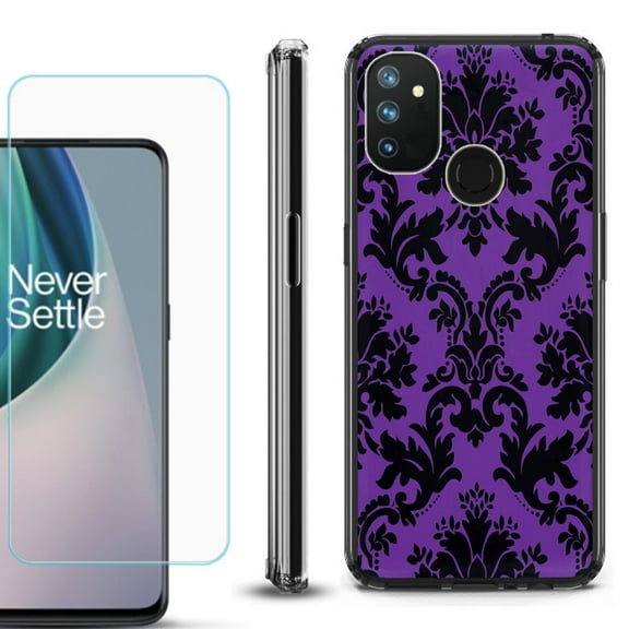 Shockproof Bumper Phone Case for OnePlus Nord N100, with Tempered Glass Screen Protector, by OneToughShield ® - Victorian Purple/Black