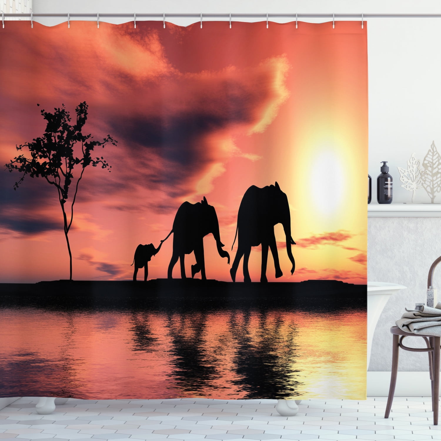 Sunset Elephant Tree 71X71" Bathroom Mat Waterproof Fabric Shower Curtain Liner 