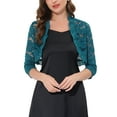 thumbnail image 1 of INSPIRE CHIC Blusa de Encaje con Cuello Fruncido Elegante para Mujeres, Manga 3/4, Color Azul Verde, 1 of 6