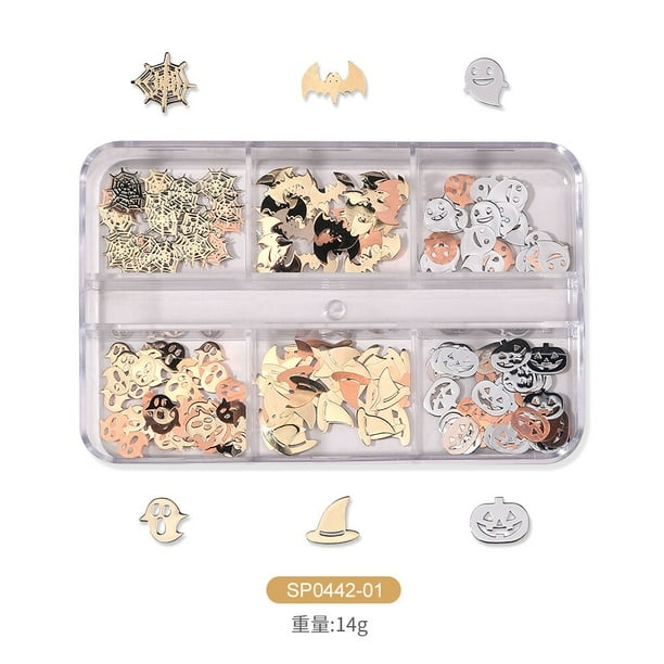 1 caja de piezas de arte de uñas de calabaza, Calavera, murciélago, estilo Punk Retro, dijes de uñas de dedo de aleación, accesorios de decoración de uñas de Metal DIY