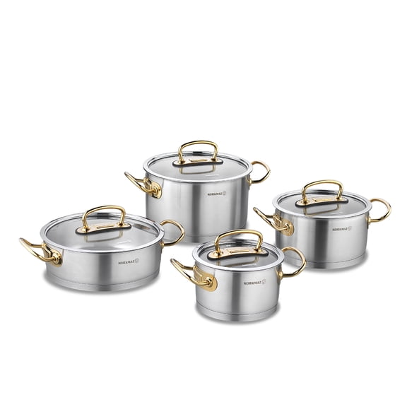 KORKMAZ Proline Goldset Stainless Steel Cookware Set, Cooking Pots with Lids, 8Pcs, 2.11-3.27-4.22-6.34qt