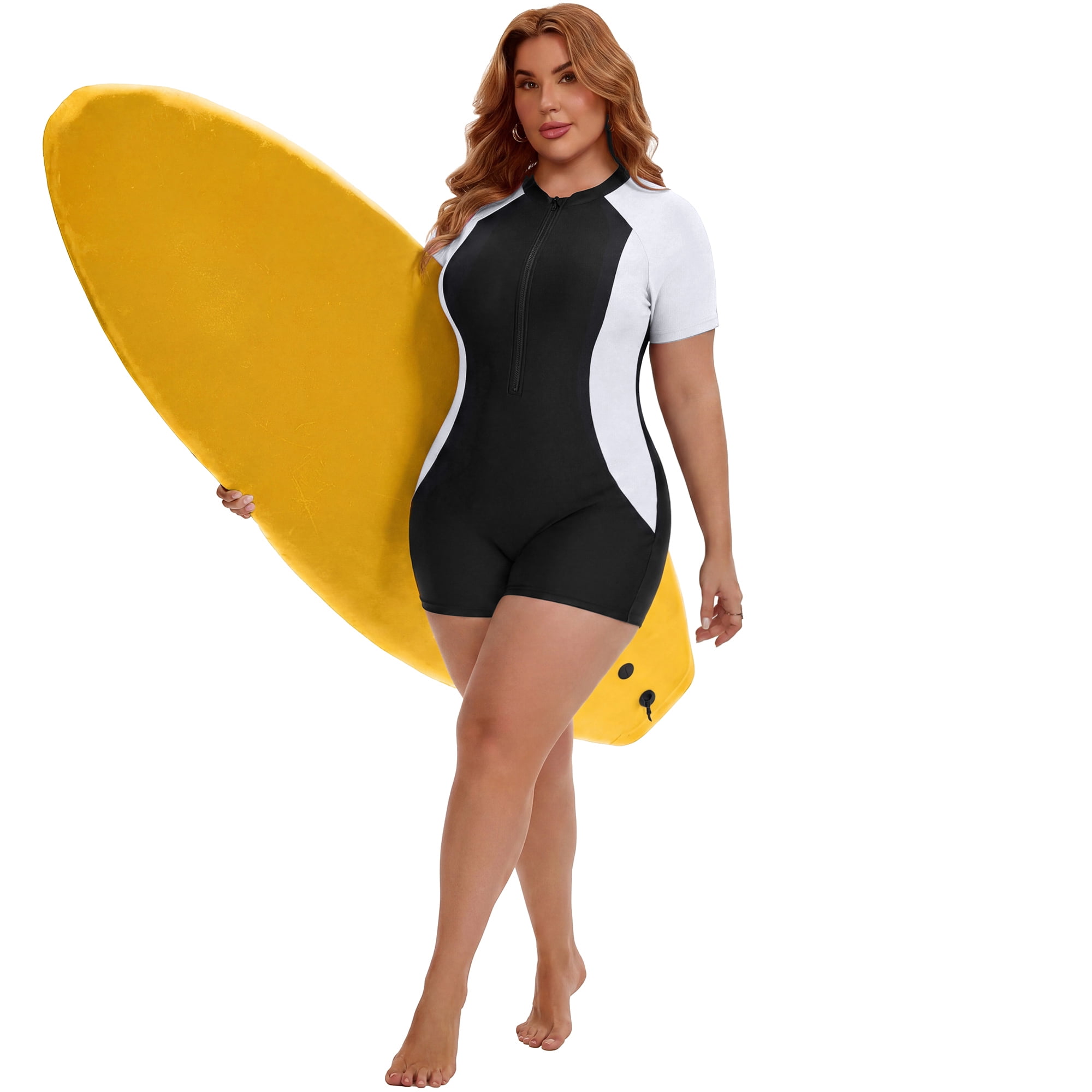 DARING DIVA Women's Plus 1 Piece Zip Front Short Sleeve Swimsuit 3X Black White