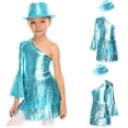 thumbnail image 5 of iixpin Girls Disco Bodysuit Set, 3-Piece Dance Outfit with Fringed Skirt & Sequined Hat Blue 16, 5 of 7