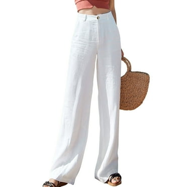 White Linen Pants Womens Casual High Waisted Wide Leg Pants Button Up Straight Leg Trousers Womens Trousers