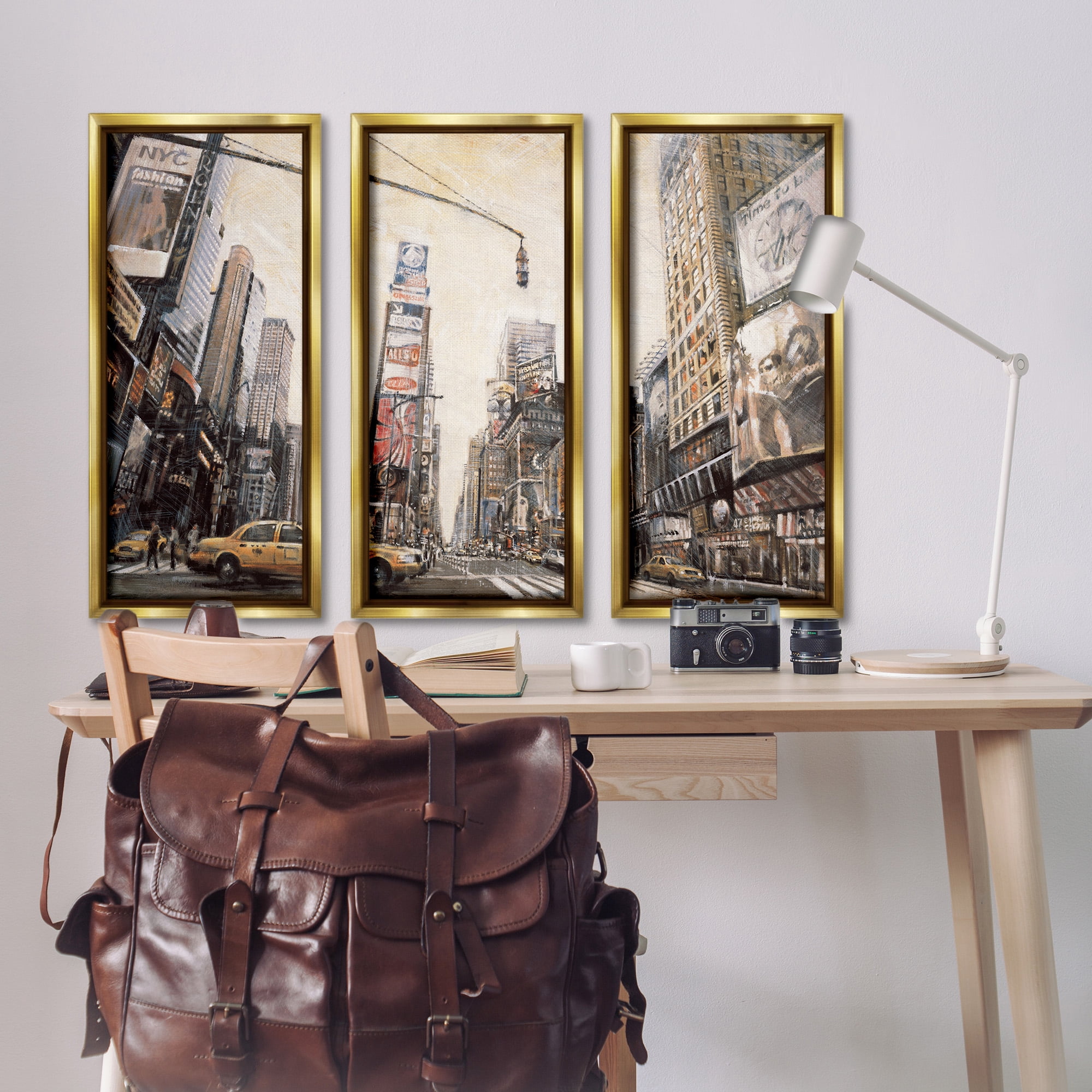 Stupell Industries New York City Streets Buildings Transportation Painting Gold Floater Framed Canvas Art Print Wall Art, 15 x 31, Set of 3