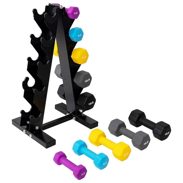 BalanceFrom 76 lb Neoprene Coated Iron Dumbbell Hex Weights Set with Stand, Color-Coded