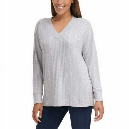 Andrew Marc Women’s Ribbed V-Neck Long Sleeve Top (HTHR,XXL)