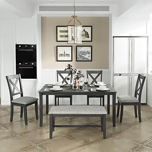 LUMISOL 6 Piece Dining Room Table Set with Bench, Wood Kitchen Table ...