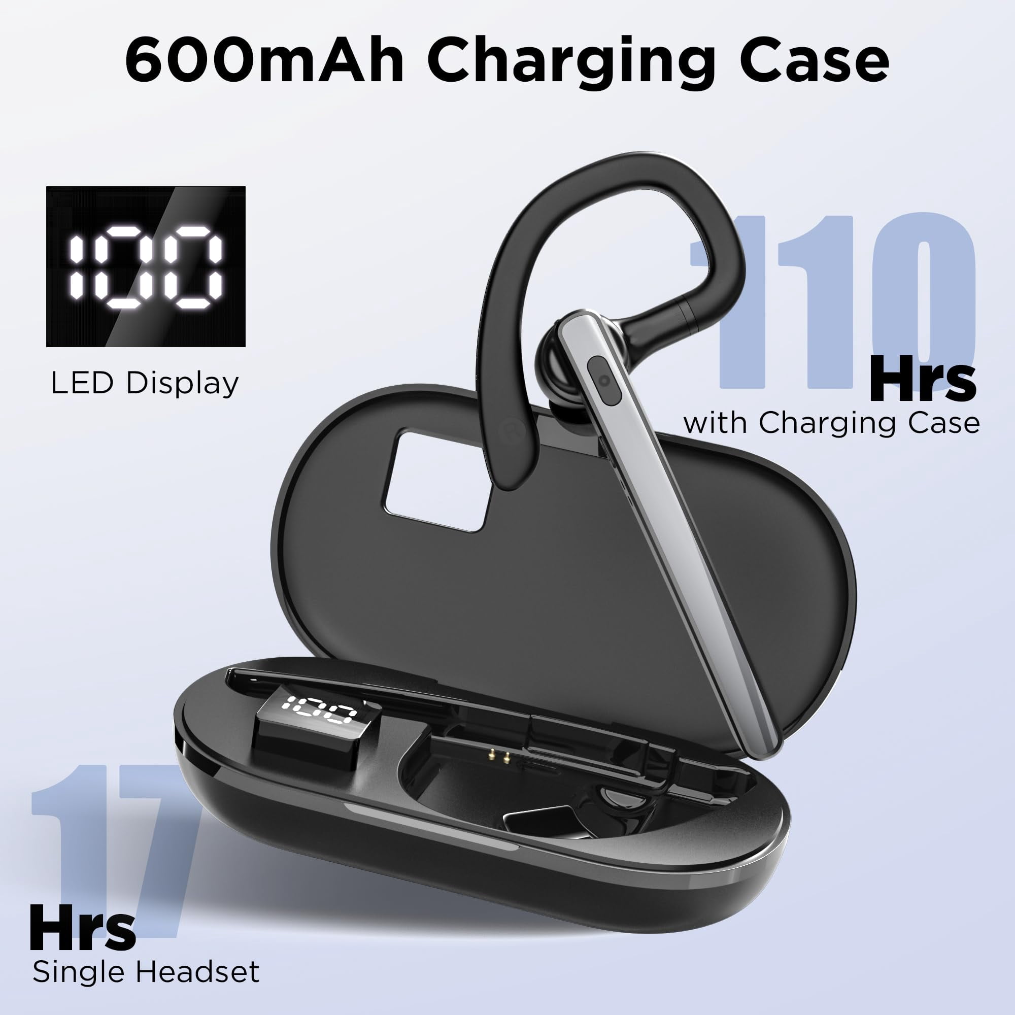 TERUNSOUl Bluetooth Headset V5.3 w/ 600mAh Case 110H Playtime, Mic