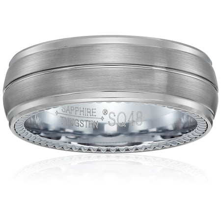 Men s Sapphire Tungsten Brushed and High Polish Finish 8mm Titanium Interior Groove Pattern Comfort Fit Wedding Band