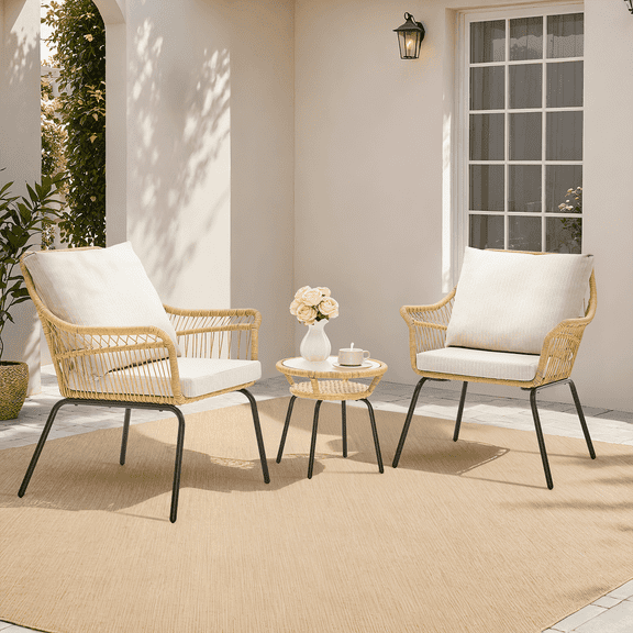 Onbrill 3-Piece Rattan Outdoor Bistro Sets with Glass Table and 2 All-Weather PE Wicker Chairs,Beige