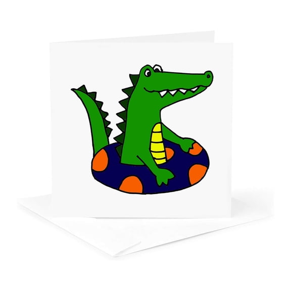 3dRose, Funny Alligator is Floating in Blue and Orange Inner Tube, 1 Greeting Card with envelope