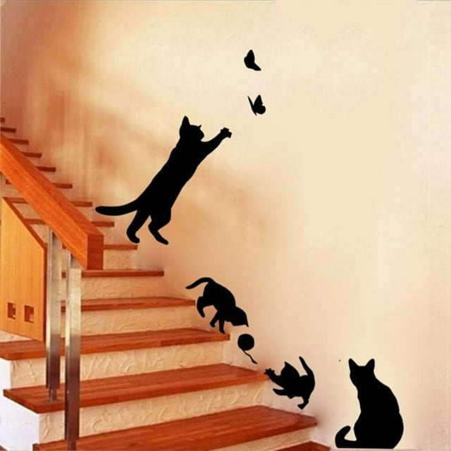 Cat Play Ball Butterfly Wall Sticker Removable PVC PVC Furniture Animal Furniture Wallpaper Cartoon Children Kids Room Decals