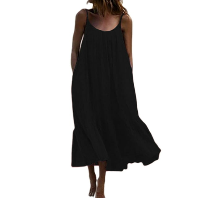 MAWCLOS Robe de Nuit pour Femme Col Rond Nuisette Couleur Unie Chemises de Nuit Amples Plage Sans Manches Tenue de Détente Noir TTG