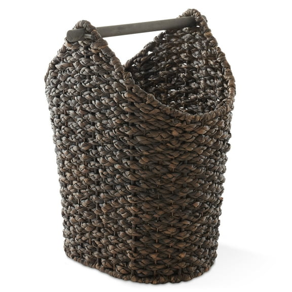 Casafield Toilet Paper Roll Holder Storage Basket with Wood Bar - Natural, Woven Water Hyacinth Wicker Bathroom Tissue Storage Organizer