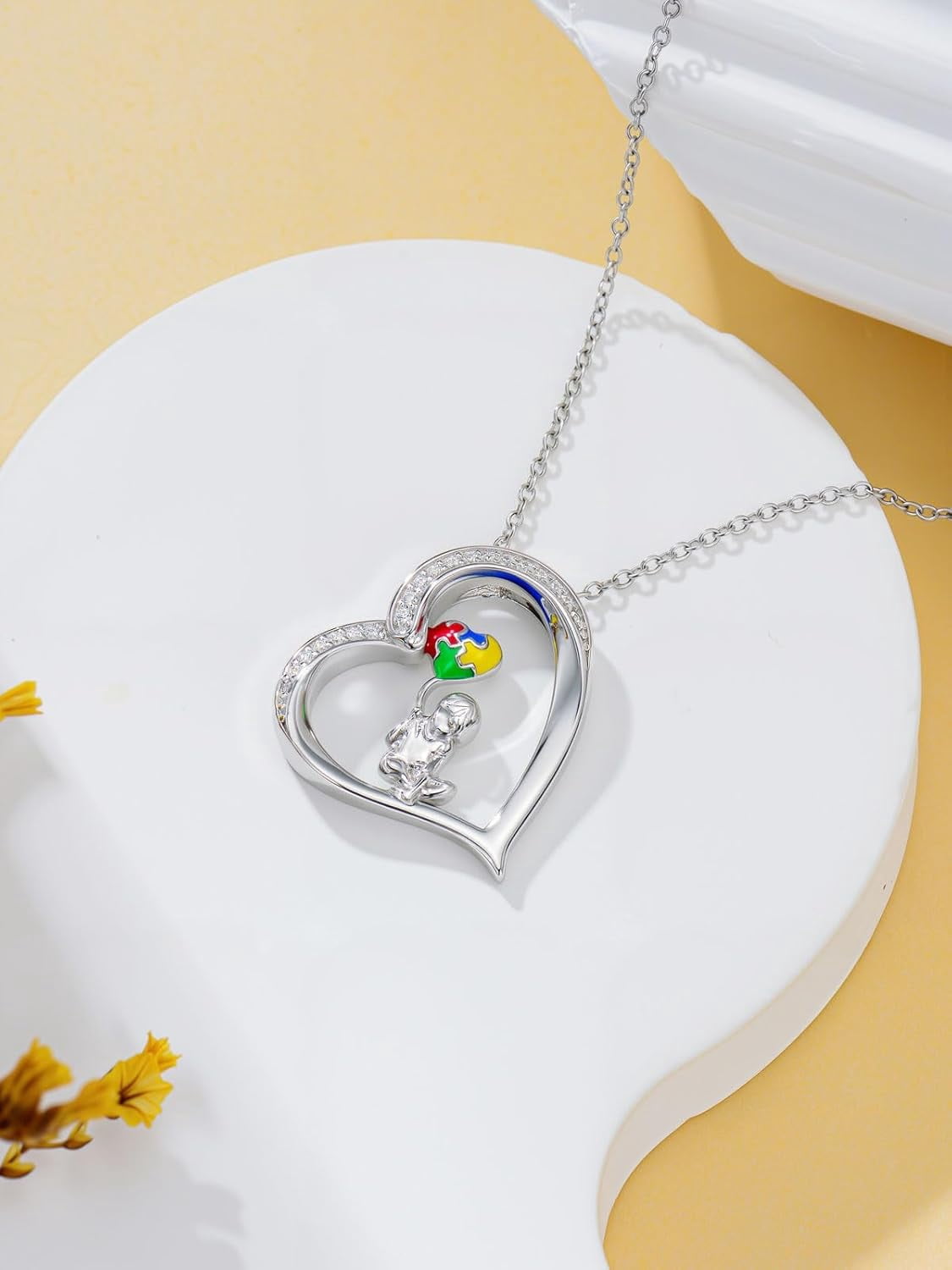 Autism Awareness Necklace 925 Sterling Silver Heart Puzzle Piece Pendant ASD Jewelry Inspirational Gifts for Women Mom