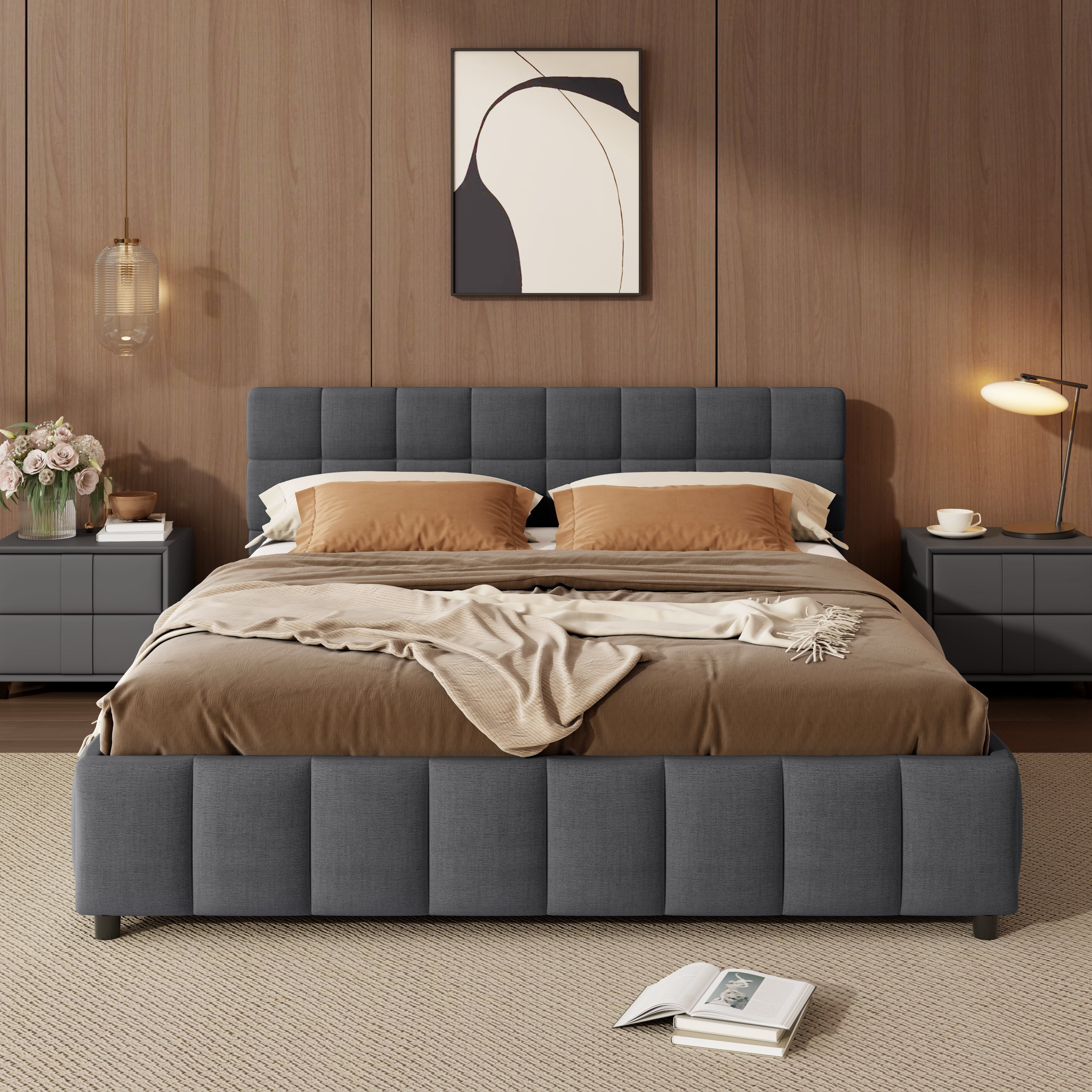 GARITIN Queen Upholstered Platform Bed Frame 86.6 Inch, Bed Frame with 4 Storage Drawers and Block Grid Tufted Headboard, Gray