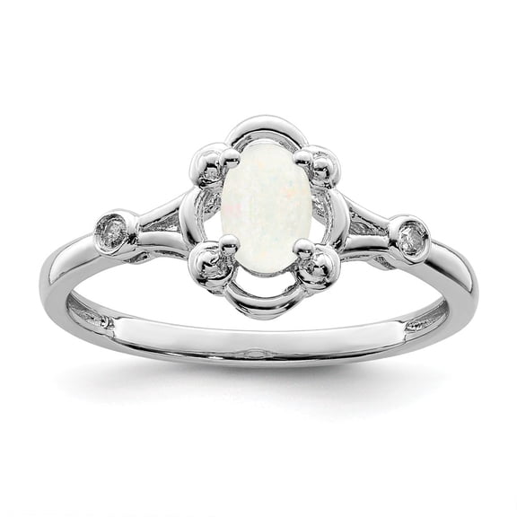 White Sterling Silver Ring Band Gemstone (10) October Opal, Lab Created Oval Phenomena Diamond Round