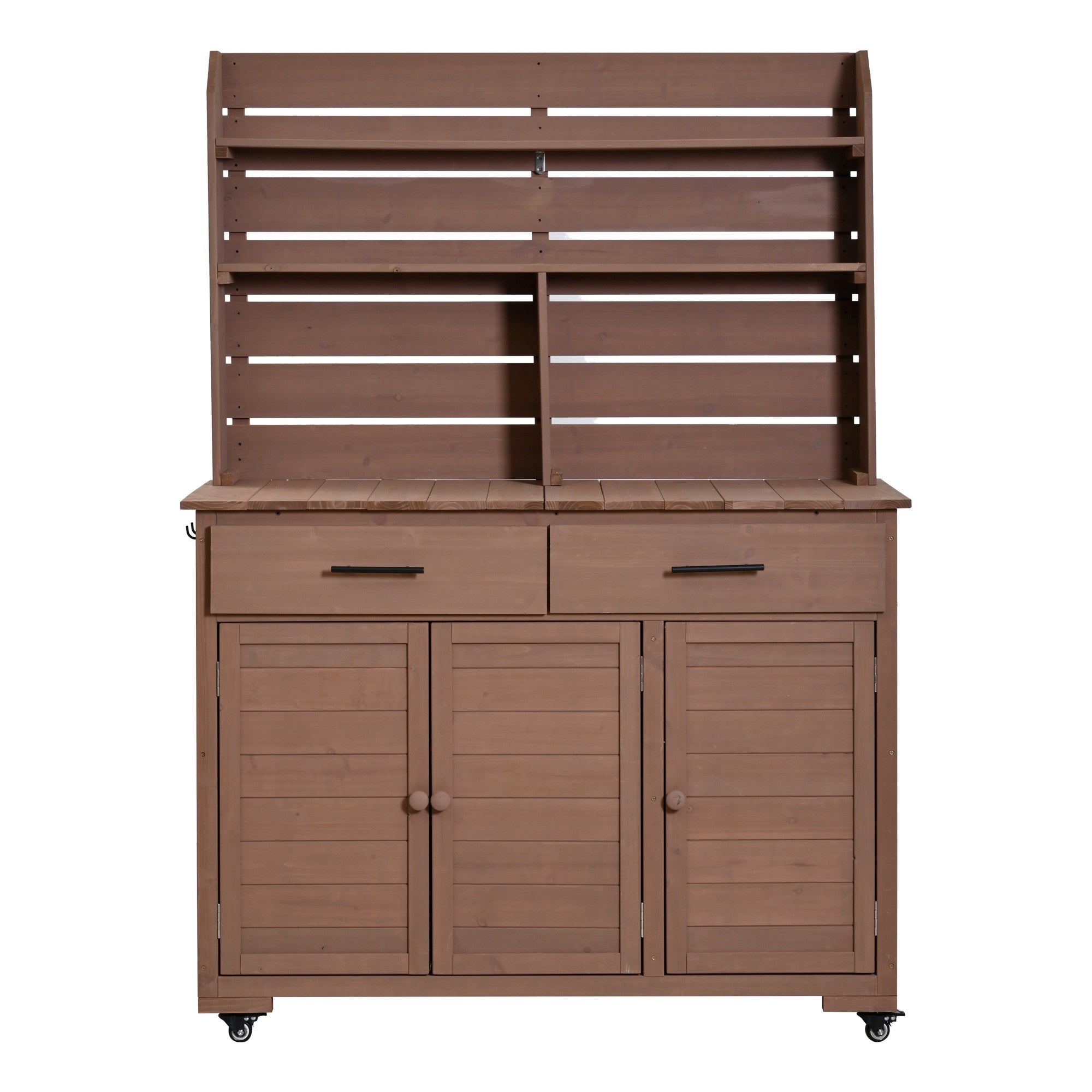 Sailvan 65''H Wood Patio Kitchen Island & Garden Potting Bench,Outdoor Grill Prep Cart with Storage Cabinet,Hutch Top and Wheels Brown