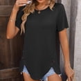 thumbnail image 2 of Fashion Olyvenn Summer New Women's Round Neck Jacquard Tops Irregular Hem Blouse Short Sleeve Buttons Casual T-shirt Black L, 2 of 5