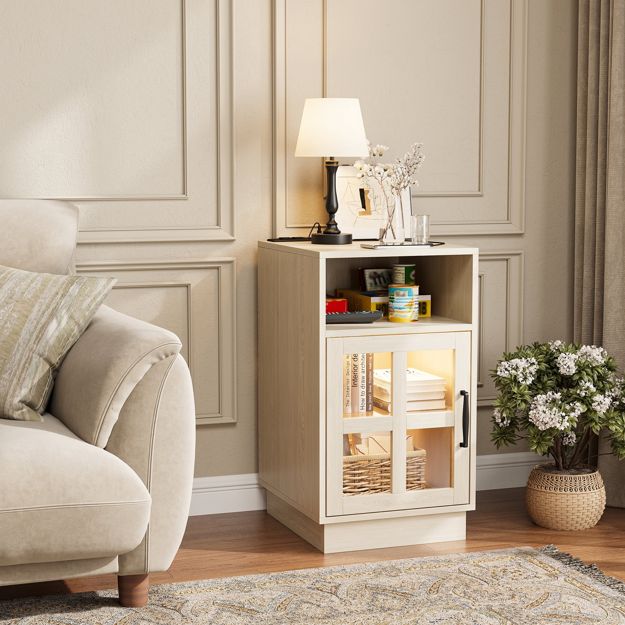VEANERWOOD End Tables for Living Room with Charging Station & LED Light, Nightstand for Bedroom with Glass Door and Adjustable Shelf, Beige