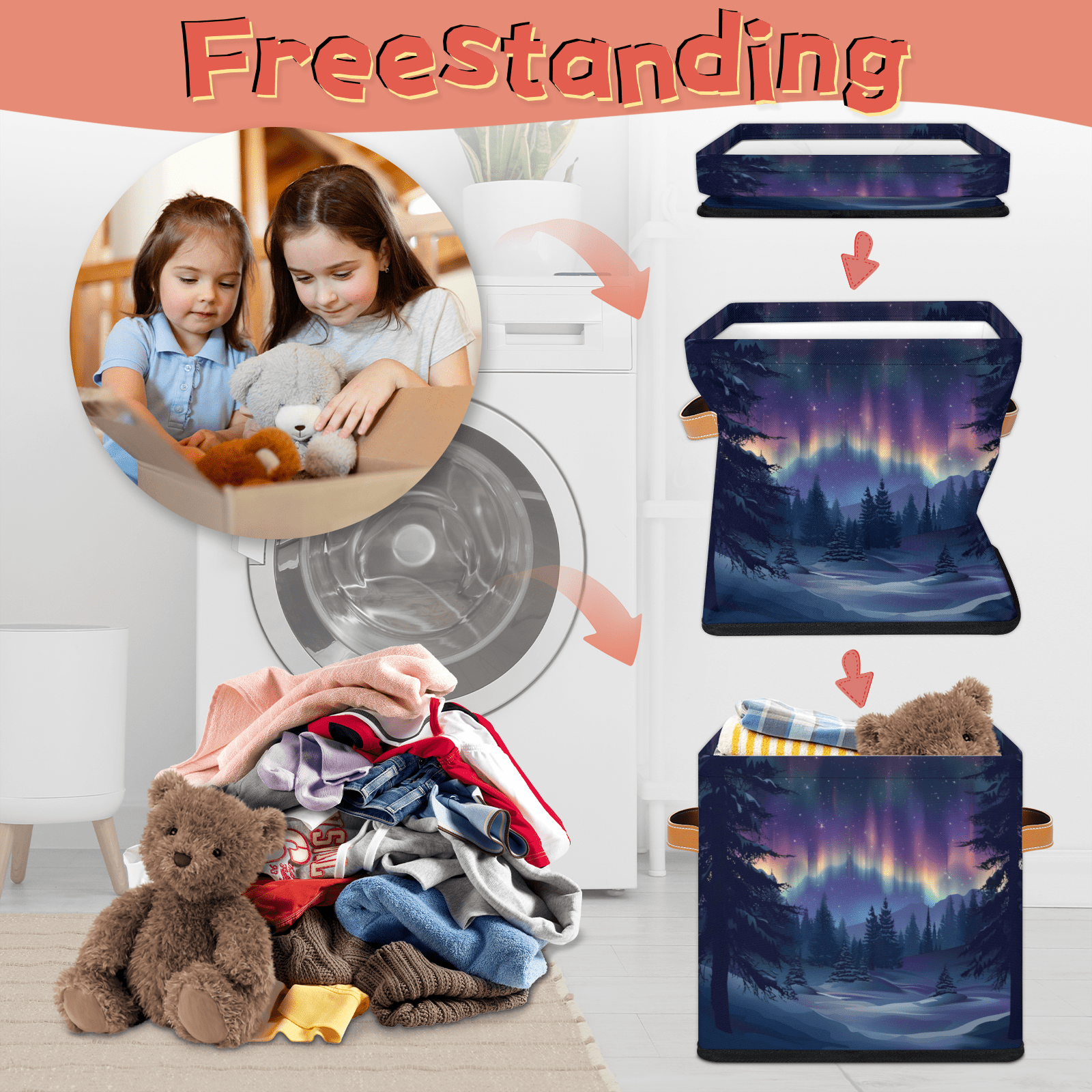 CURLYOOT Northern Lights 11 x 11 Inch Cube Storage Bin, Fabric Storage Cube Foldable Basket with Leather Handles, Organizer Basket for Closet Shelves