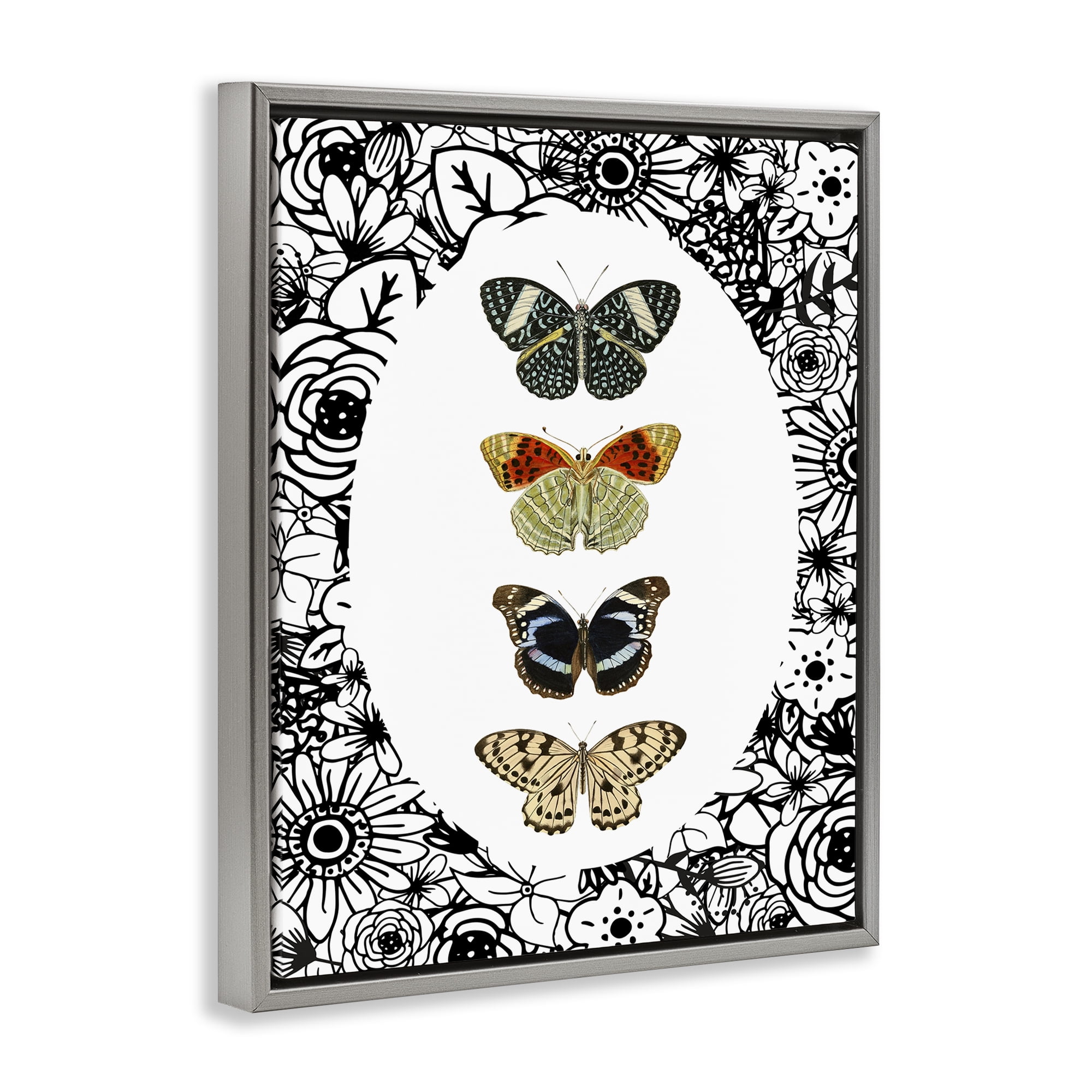 Stupell Industries Floral Butterfly Lineup Gray Framed Floater Canvas Wall Art, design by Dan Meneely