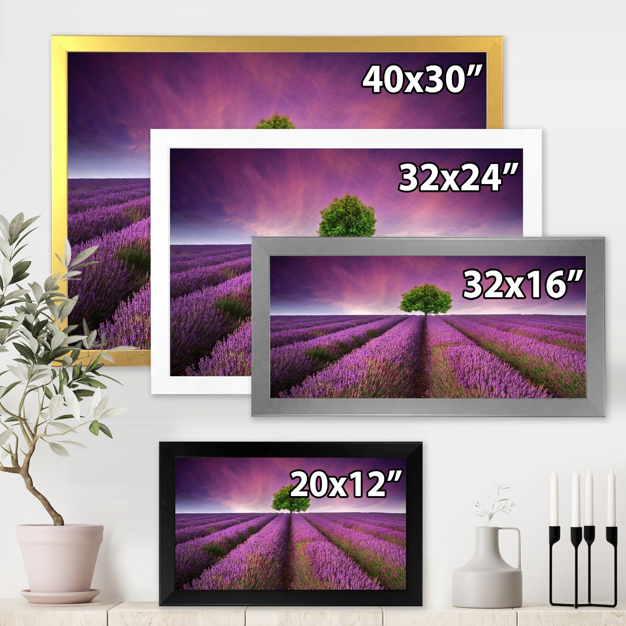 Designart 'Tree With Stunning Lavender Field Summer Sunset' Farmhouse Framed Art Print