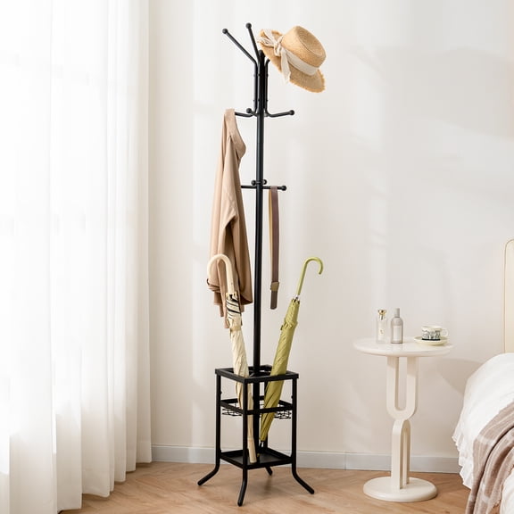 Coat Rack Freestanding, Coat Tree with Umbrella Holder, Metal Coat Rack Stand with 12 Hooks, Hall Tree Purse Rack for Entryway, Living Room,Black