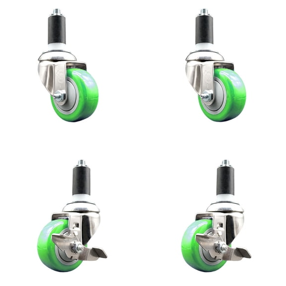 3 Inch 316SS Green Poly Swivel 1-1/4 Inch Expanding Stem Caster Set 2 Brake SCC