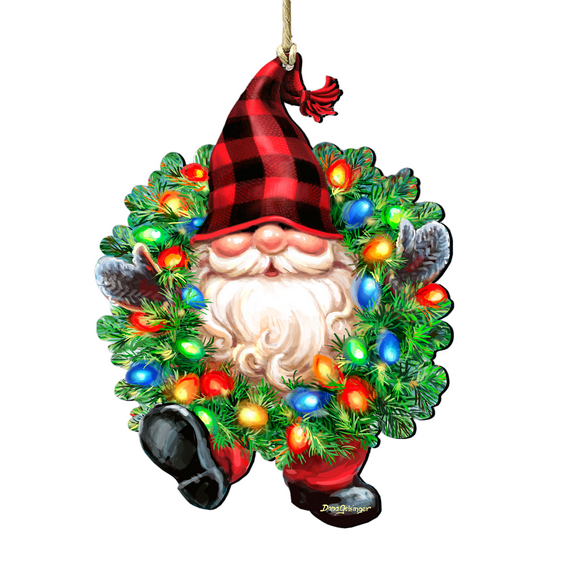 Designocracy Set of 2 Gnome Santa Wreath Lights Wooden Christmas Ornaments 5.5"