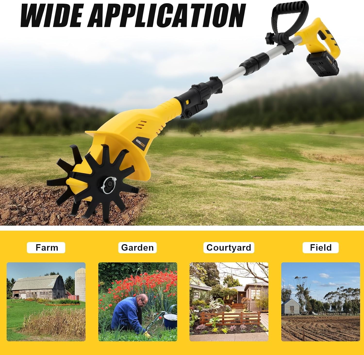 Cordless Tiller Cultivator, 20V Steel Tines Garden Tiller Battery Powered Garden Cultivator Cordless Electric Garden Tiller Cultivator for Soil or Reseeding Grass