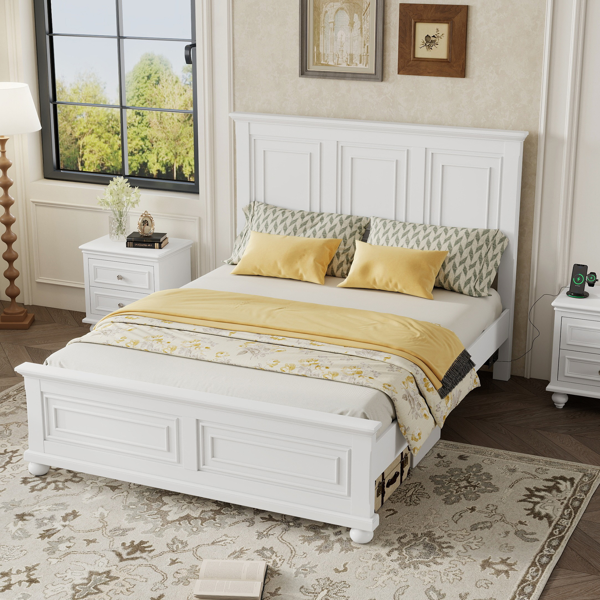 Mirightone King Size Farmhouse Bed Frame with Charging Station, Tall Headboard & Footboard, Solid Wood Platform Bed, No Box Spring Needed, Noise-Free, White