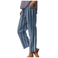 thumbnail image 2 of Beach Pants for Women 2026 Spring Summer Striped Elastic Waist Straight Leg Cotton Linen Cropped Pants with Pockets, 2 of 6