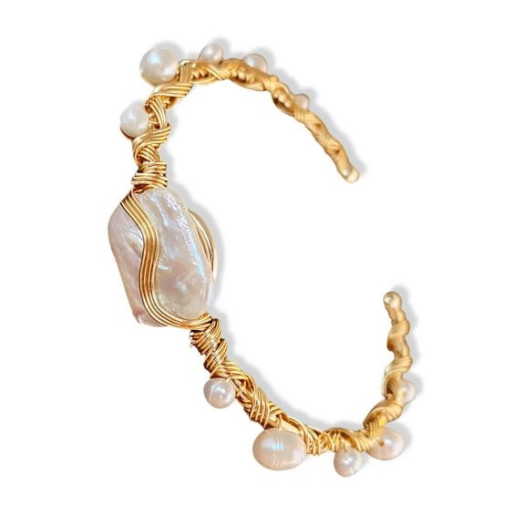 Baroque Pearl Beads 14k Gold Plated Wire Wrapped Bracelet With Adjustable Bangle Cuff. Healing Stones Fashion Bracelet Jewelry for Women