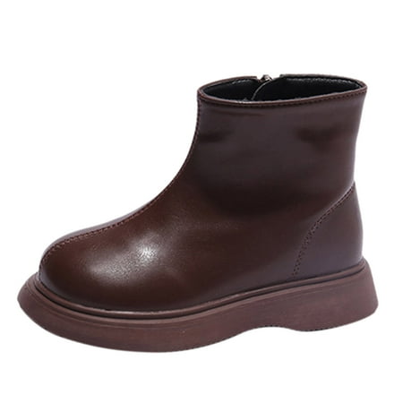 

Zlekejiko Fashion Winter Children Boots Boys And Girls Ankle Boots Flat Bottom Non Slip Round Toe Solid Short Plush Warm Side Zipper Simple Style