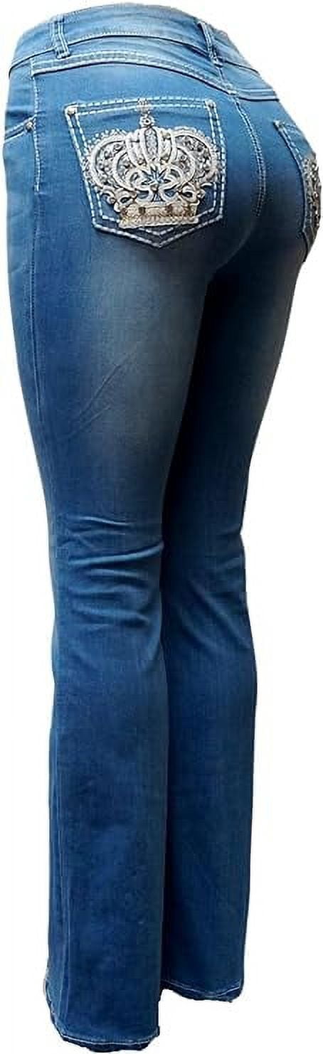 Jack David Women's Rhinestone Mid Rise Bootcut Stretchy Denim Jeans Pants (Bootcut Blue 3526bt)