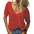 thumbnail image 1 of T-shirts Rouges pour Femmes Mode Col en V Profond Manches Courtes Haut Couleur Unie Décontracté Ample Basique T-Shirt Coton, 1 of 5