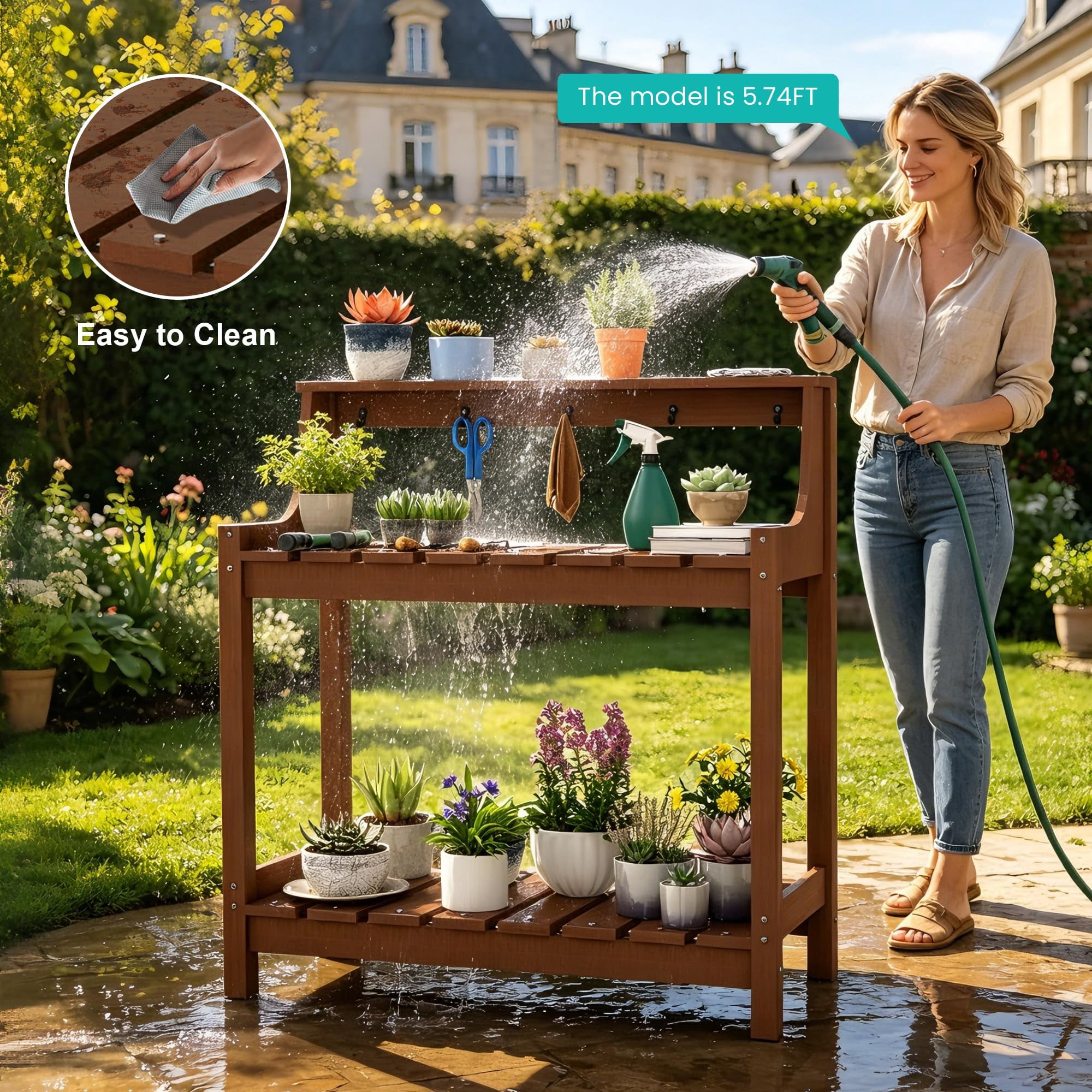 HDPE Outdoor Potting Bench, All-Weather Garden Potting Table with 3-Tier Storage, 43.3" Ergonomic Workstation for Patio Backyard Garden