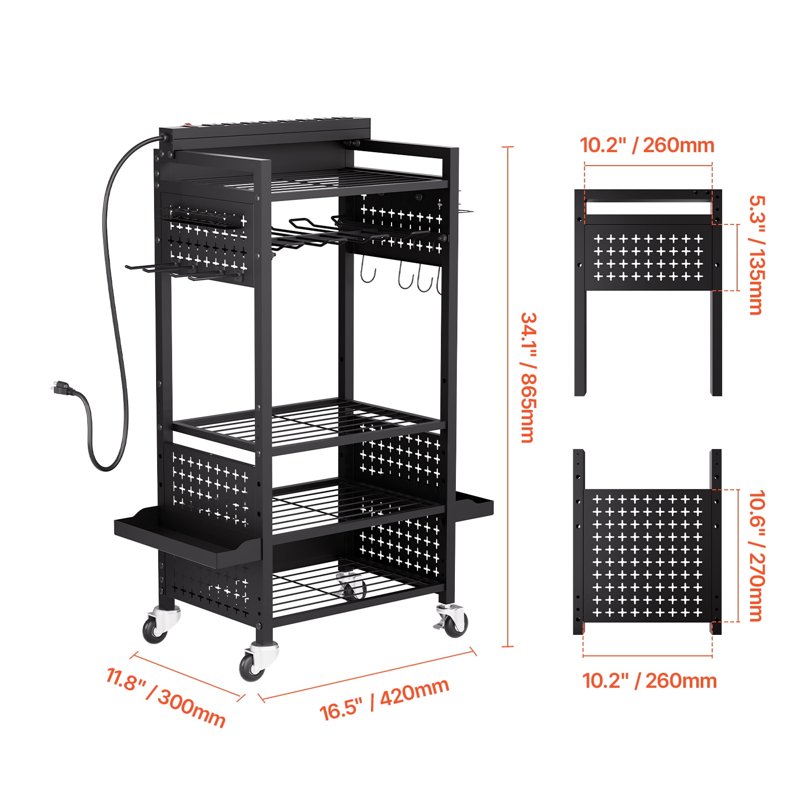 VEVOR 5-tier Tool Organizer Cart with Charging Station, 8 AC Outlet, Floor Stand Rolling Drill Holder and Tool Battery Storage Rack on Wheels, Garage Floor Rolling Storage Cart for Workshop, Garage