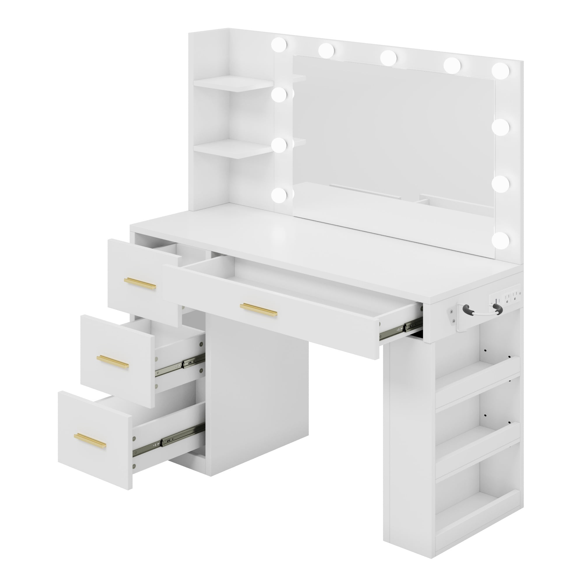 Uforic 40-Inch Makeup Vanity Desk with LED Mirror, Drawers, Shelves, and Power Outlets - White