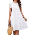 thumbnail image 1 of Women ‘s Summer Ruffle Sleeve  Neck Mini Dress Solid Color Casual Loose Flowy Swing A Line Pleated Beach Sundress, 1 of 7