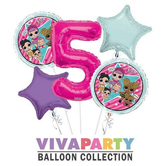 LOL Round Balloon Bouquet 5 pc, 5th Birthday, Hot Pink Number 5 Jumbo Balloon | Viva Party Balloon Collection