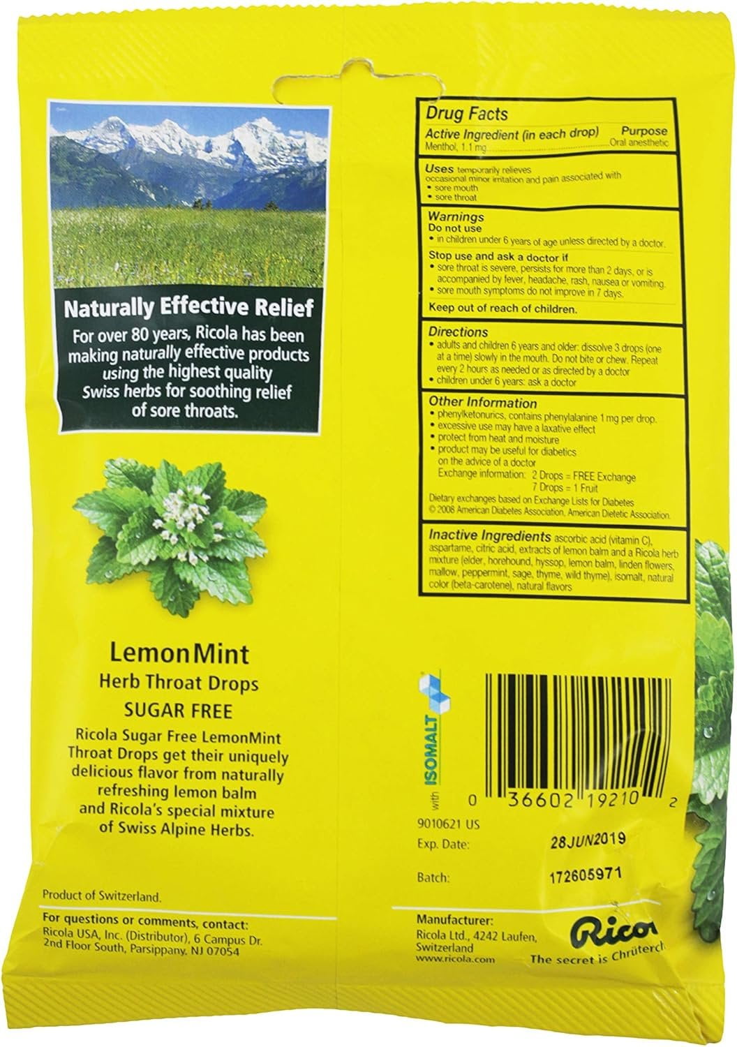 Ricola - Cough Drop Sugar Free Lemon Mint - Case Of 8-19 Ct