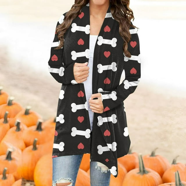 CNKOO Women‘s Halloween Cardigan Sweater Skull Pumpkin Print Pattern Long Cardigans Sweater Coats Tops Ginger M