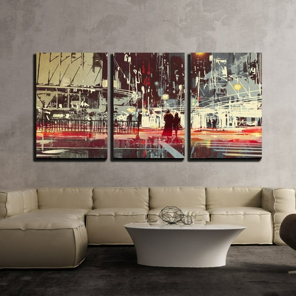 wall26 - 3 Piece Canvas Wall Art - Illustration - Night Scene of Modern City Street,Illustration Painting - Modern Home Art Stretched and Framed Ready to Hang - 24"x36"x3 Panels