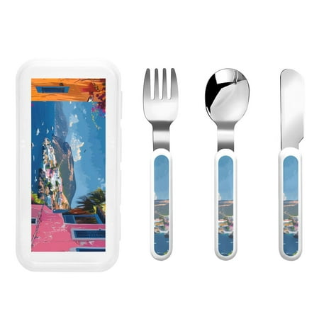 

Rateoe Colorful Mediterranean Village for Stainless Steel Kids Silverware Set - Child and Toddler Safe Flatware - Children s Knife Fork And Spoon Set
