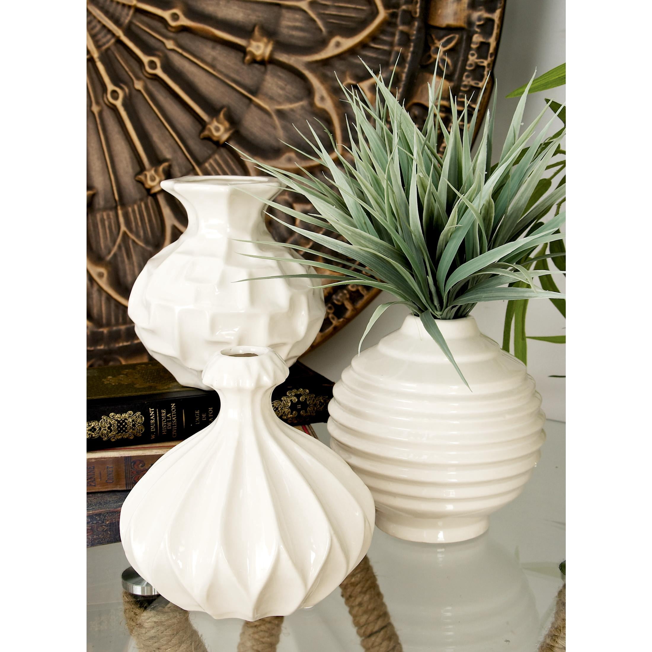 DecMode 6"W, 6"H White Ceramic Vase with Varying Patterns, Set of 3