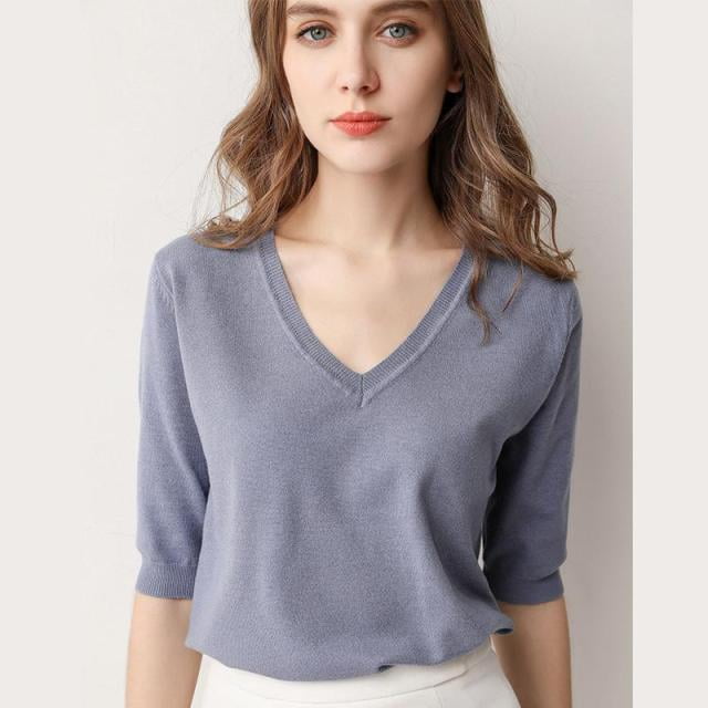 Tralilbee Women's Sweater Pullover Solid Color V-neck Half-sleeved Knitted  Cashmere Sweater Thin Casual Top