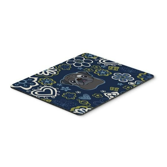 Blue Flowers Black Pug Mouse Pad, Hot Pad or Trivet